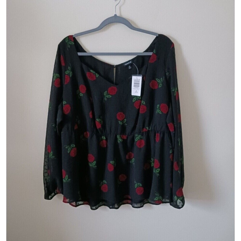 Torrid Sheer Floral Blouse Black‎ Red Chiffon Puff Sleeve Size 3X